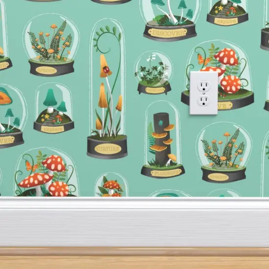 Peel & Stick Wallpaper 2FT Wide Whimsical Nature Small Scale Toadstool Forest Forage Plants Greenhouse Blue Green Custom Removable Wallpaper by Spoonflower {4}