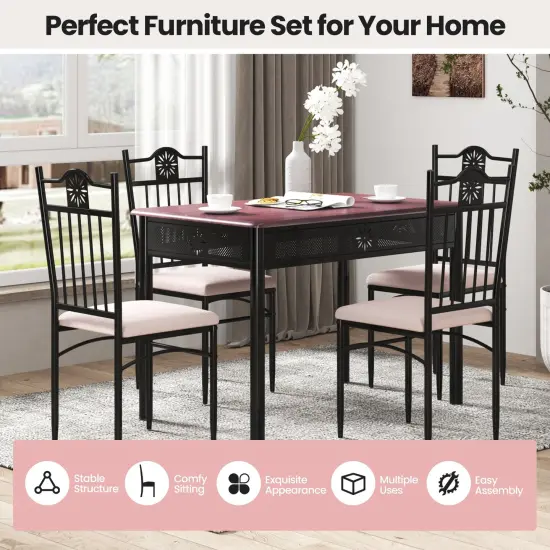 5 Pieces Dining Set Wood Metal Table and 4 Chairs with Cushions Beige {6}
