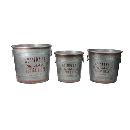 Napco Set of 3 Reindeer Sleigh Rides Metal Christmas Tree Pot Covers Gray {1}