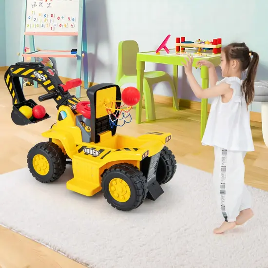 Costway 6V Electric Kids Ride On Excavator Pretend Play Toy Tractor w/ Basketball Hoop {4}
