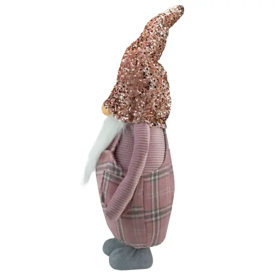 Northlight Tall Christmas Gnome Figure with Plaid Overalls Sequin Hat - 30" - Pink and Gray {4}