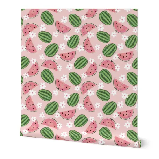 Peel & Stick Wallpaper 2FT Wide Pink Fruit Summer Daisy Watermelons Small Scale Garden Picnic Floral Custom Removable Wallpaper by Spoonflower {7}