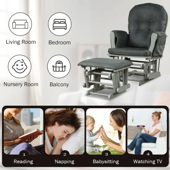 Solid Wood Gliding Chair Set with Pockets and Ottoman for Relaxing Dark Grey {6}