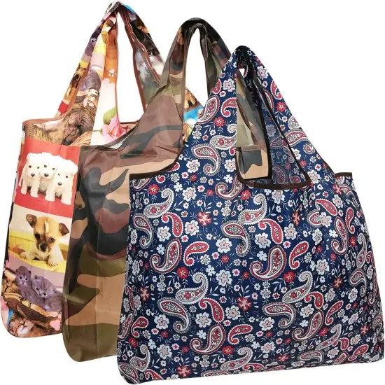 Wrapables Large Foldable Tote Nylon Reusable Grocery Bag, 3 Pack Pets, Camo, Paisley {1}