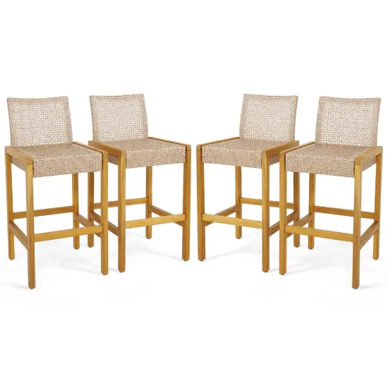 Costway Set of 4 Patio Wood Barstools Rattan Bar Height Chairs with Backrest Porch Balcony {1}