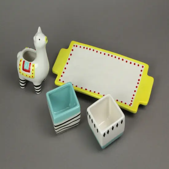 Ceramic Succulent Pots Display Tray & Llama Water Holder Indoor Mini Planter Set {3}