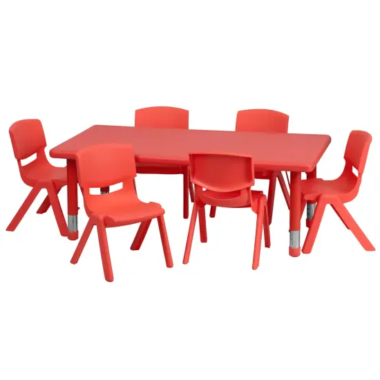Emma and Oliver 24"W x 48"L Rectangular Plastic Height Adjustable Activity Table Set with 6 Chairs Red {2}