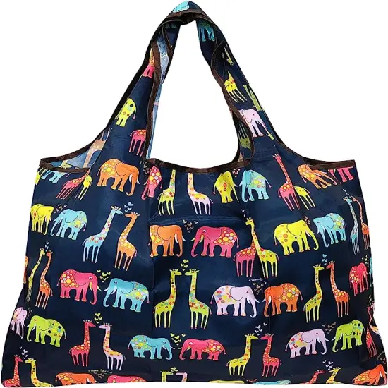 Wrapables Large Foldable Tote Nylon Reusable Grocery Bags, 5 Pack Animals in Blue {2}