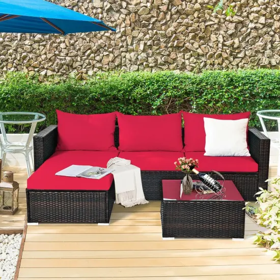 5 Pieces Patio Rattan Sectional Furniture Set with Cushions and Coffee Table Red {3}