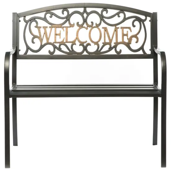Steel Outdoor Patio Garden Park Seating Bench with Cast Iron Welcome Backrest, Front Porch Yard Bench Lawn Decor {2}