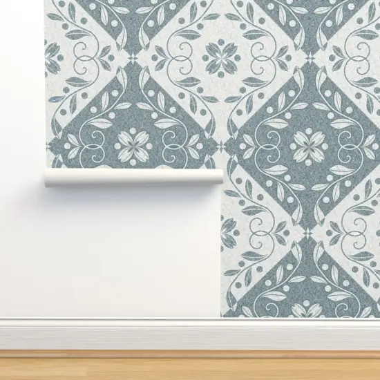 Pre-Pasted Wallpaper 2FT Wide Flowers Leaves Swirls Tiles Damask Botanical Floral Checkers Blue Gray Olive Branches Faux Marble Large Scale Custom Pre-pasted Wallpaper by Spoonflower {2}