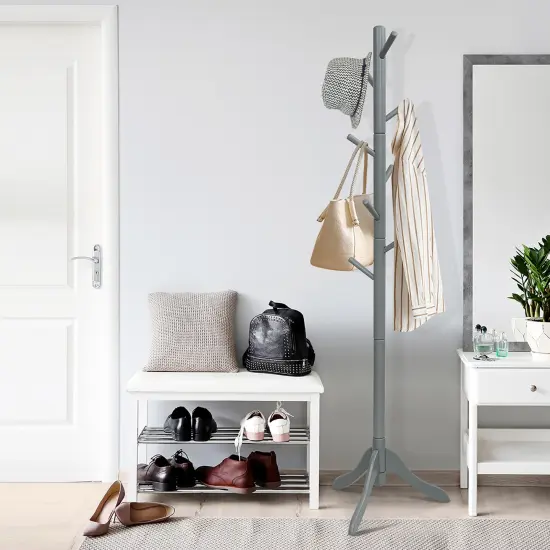 Costway Wooden Coat Rack Stand Entryway Hall Tree 2 Adjustable Height w/ 8 Hooks Gray\Brown {5}