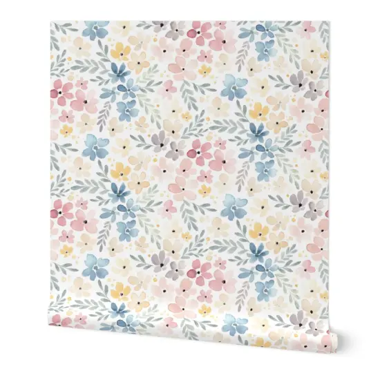 Peel & Stick Wallpaper 2FT Wide Whimsical Floral Watercolor Flowers Nature Botanical Pink Blue Pastel Spring Custom Removable Wallpaper by Spoonflower {7}