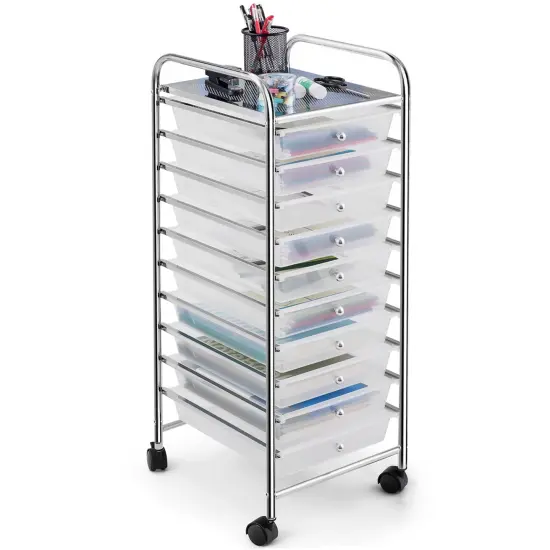 Costway 10 Drawer Rolling Storage Cart Scrapbook Paper Office School Organizer Clear {1}