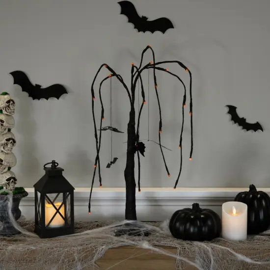 Northlight LED Lighted Glittered Halloween Willow Tree with Bats - 24" - Orange Lights Black {4}