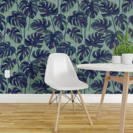 Peel & Stick Wallpaper 2FT Wide Blue Palm Tropical Foliage Rainforest Summer Ink Green Houseplant Custom Removable Wallpaper by Spoonflower {1}