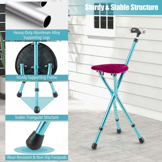 Goplus Adjustable Folding Cane Seat Aluminum Alloy Crutch Chair with Light Blue/Coffee/Black {6}