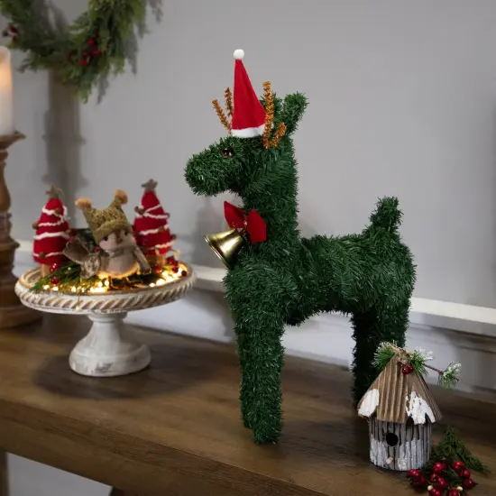 Northlight Reindeer with Santa Hat, Bell and Bow Artificial Pine Christmas Decoration - 16" Green {5}