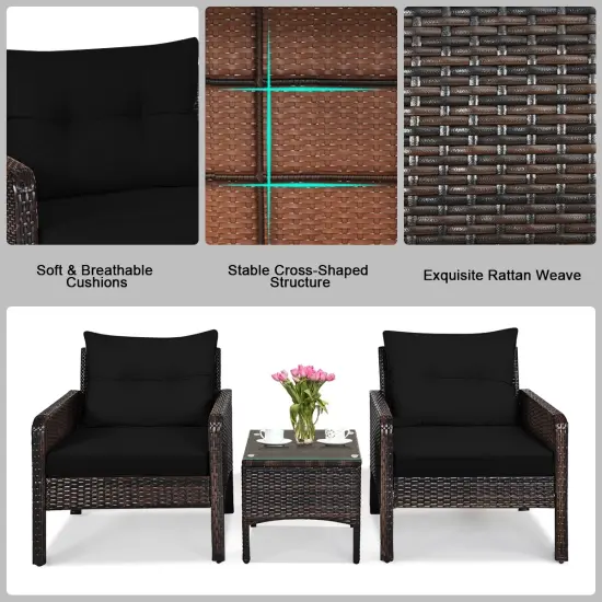 3 Pieces Outdoor Patio Rattan Conversation Set with Seat Cushions Black {5}