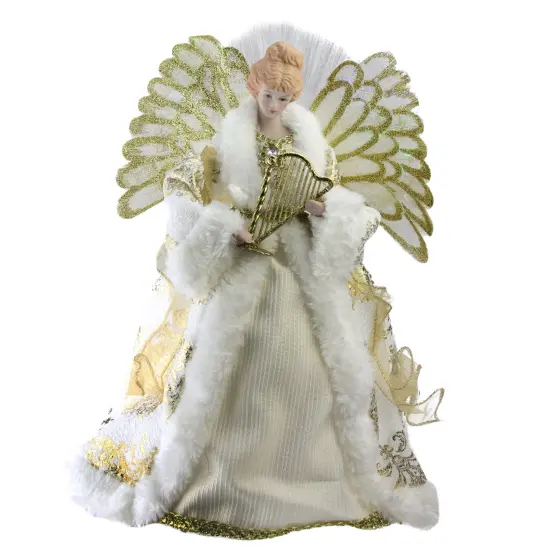 Northlight 12" Lighted Fiber Optic Angel in Gold and Cream Gown with Harp Christmas Tree Topper {1}