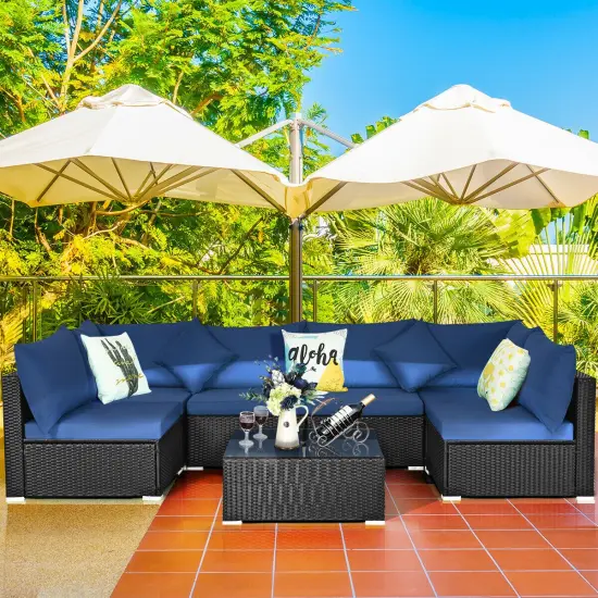 7 Pieces Sectional Wicker Furniture Sofa Set With Tempered Glass Top Navy {1}