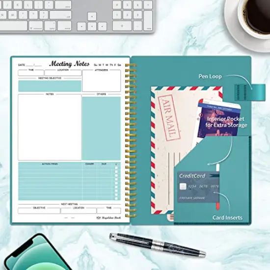 Meeting Notebook with Action Items Project Planner for Note Taking Office and Business Agenda Organizer for Men and Women 160 Pages 7 x 10 Inches Teal {1}