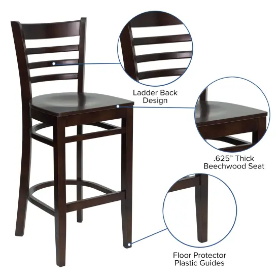 Emma and Oliver Ladder Back Wooden Restaurant Dining Barstool WalnutWood {2}