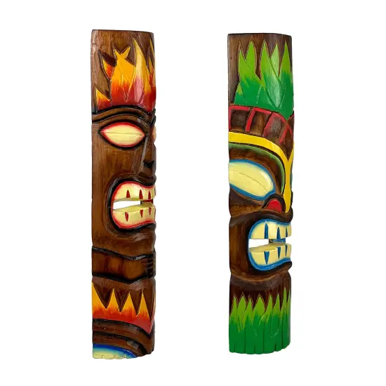 Fire and Earth Hand Crafted Wooden Tiki Totem Wall Masks 20 Inch Set of 2 {3}