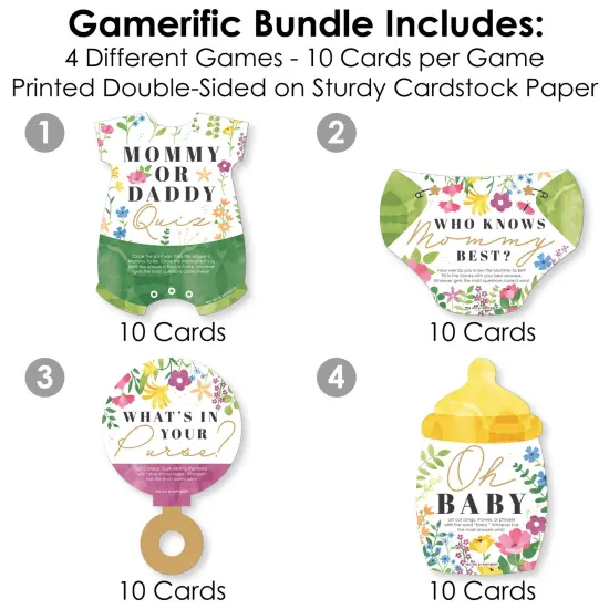 Big Dot of Happiness Wildflowers Baby - 4 Boho Floral Baby Shower Games - 10 Cards Each - Gamerific Bundle {4}