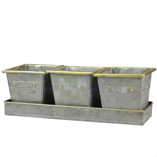 Melrose Set of 3 Decorative Gray Square Pots with Gold Colored Accents in a Tray 15.5" {1}