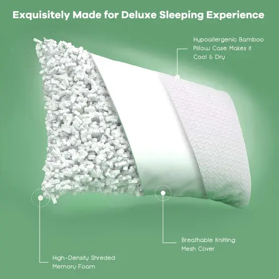 Costway 2Pack Shredded Memory Foam Bed Pillows Bamboo Rayon Cooling Cover 28''x18'' {5}