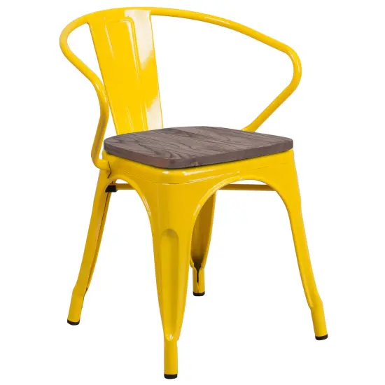 Emma and Oliver Metal Chair with Wood Seat and Arms Yellow {1}