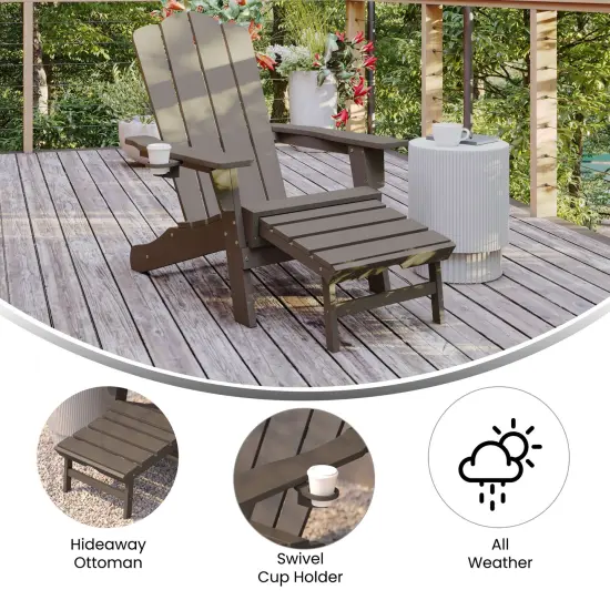 Merrick Lane Nassau Adirondack Chair with Cup Holder and Pull Out Ottoman, All-Weather HDPE Indoor/Outdoor Lounge Chair Brown {2}