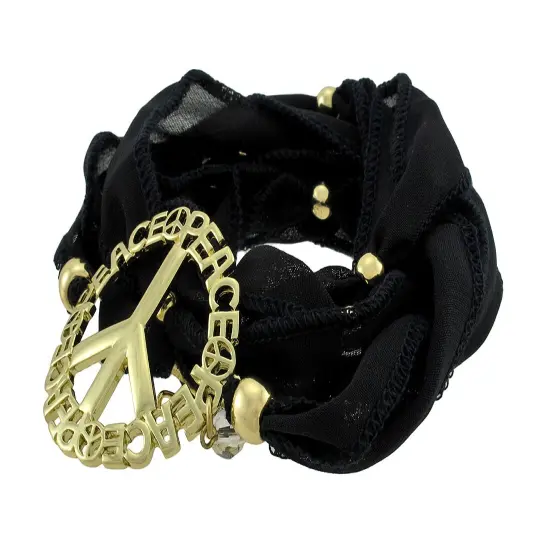 Black Beaded Ribbon Gold Tone Peace Sign Wrap Bracelet {3}