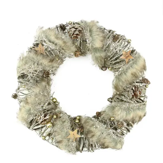 Gallerie II Brown Rustic Style Faux Fur Trimmed Glittered Christmas Wreath - 13.5-Inch, Unlit {1}