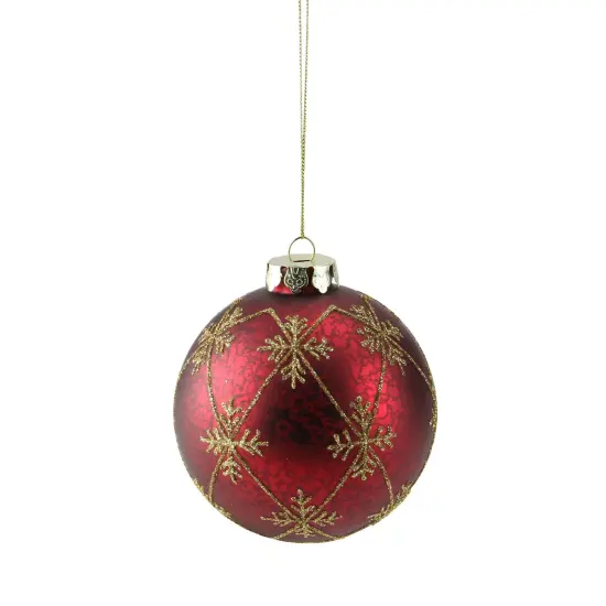 Northlight Glittered Snowflake Glass Ball Christmas Ornament - 3.25" - Burgundy Red and Gold {1}