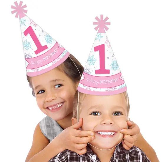 Big Dot of Happiness Pink Snowflakes 1st Birthday - Cone Happy Birthday Party Hats for Kids and Adults - Set of 8 (Standard Size) {3}
