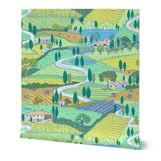 Peel & Stick Wallpaper 2FT Wide Multicolor Painting Farmland Villa Italian Landscape Large Scale Countryside Tuscan Mediterranean Custom Removable Wallpaper by Spoonflower {7}