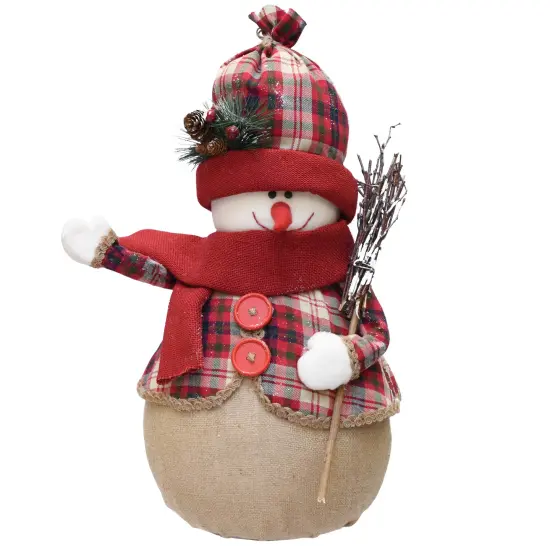 Northlight Waving Plaid Snowman with Twig Broom Christmas Figurine - 22" - Red and Brown {1}
