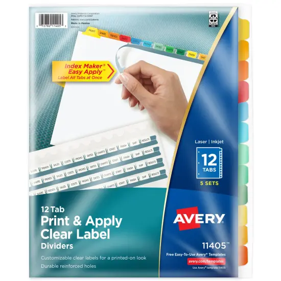 Avery 12 Tab Dividers for 3 Ring Binder, Easy Print & Apply Clear Label Strip, Index Maker Customizable Multicolor Tabs, 5 Sets (11405) {1}