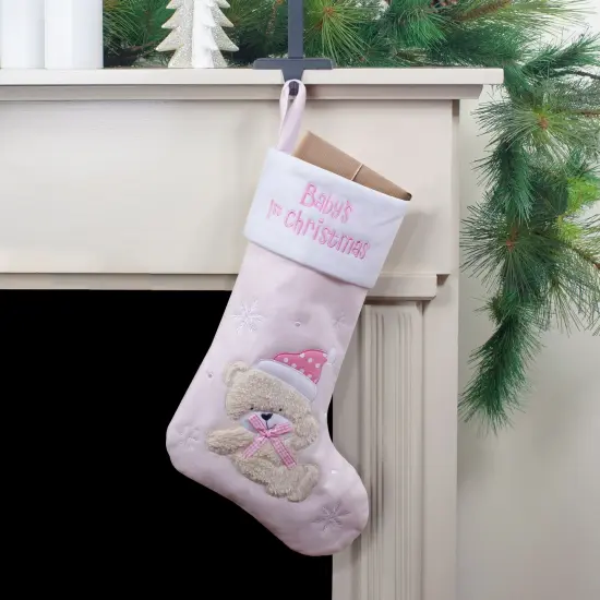Northlight Baby's 1st Christmas Embroidered Teddy Bear Stocking - 19" - Pink and White {1}