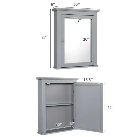 Bathroom Mirror Cabinet Wall Mounted Adjustable Shelf Medicine Storage Grey {4}