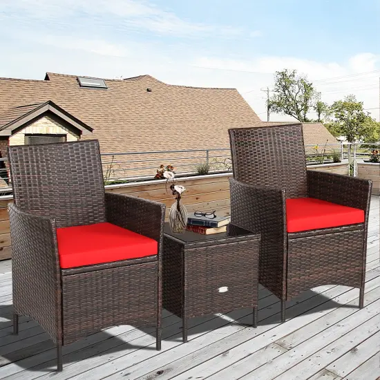 3 Pieces Patio Rattan Furniture Set Cushioned Sofa and Glass Tabletop Deck Red {6}