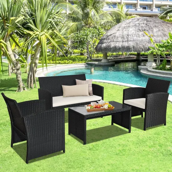 4 Pcs Wicker Conversation Furniture Set Patio Sofa and Table Set White {2}
