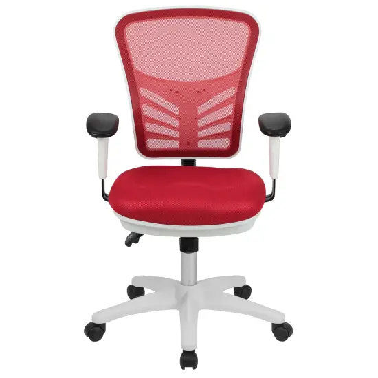 Emma and Oliver Mid-Back Mesh Triple Paddle Swivel Ergonomic Office Chair with Adjustable Arms Red Mesh/White Frame {3}
