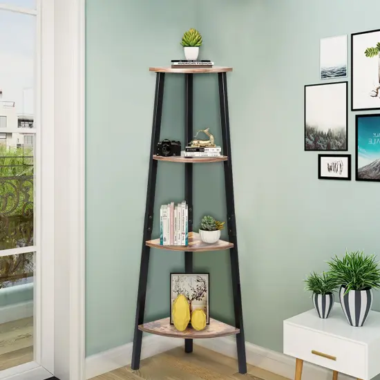 COSTWAY 4-Tier Corner Shelf Metal Storage Rack Bookcase Plant Display Stand Natural {2}
