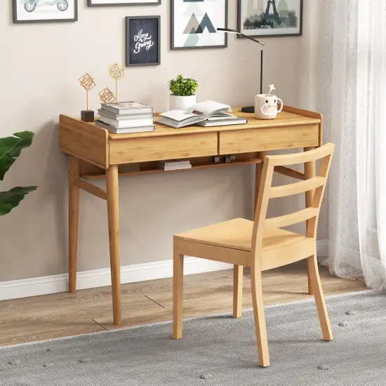 Costway Bamboo Writing Desk 39.5" Computer Study Desk with 2 Storage Drawers & Open Shelf {2}