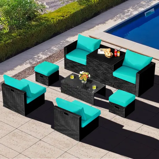 8 Pieces Patio Rattan Storage Table Furniture Set Turquoise {2}