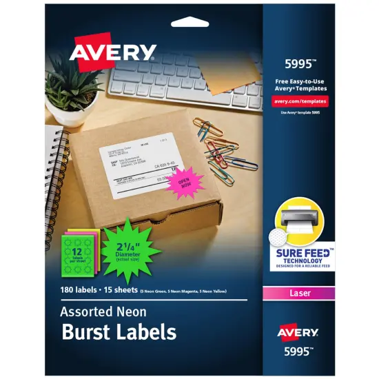 Avery Neon Address Labels with Sure Feed for Laser Printers, 2-1/4", Assorted Colors, 180 Burst Labels (5995) {1}