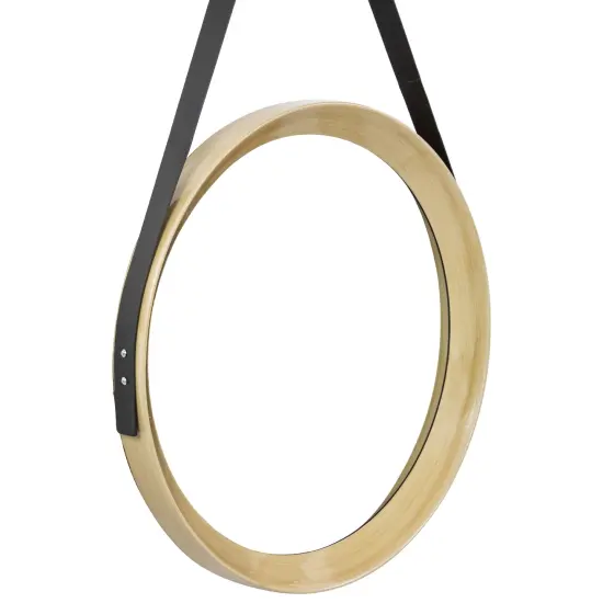Northlight 20" Wooden Finish Round Wall Mirror with Black Hanging Strap Gold {3}